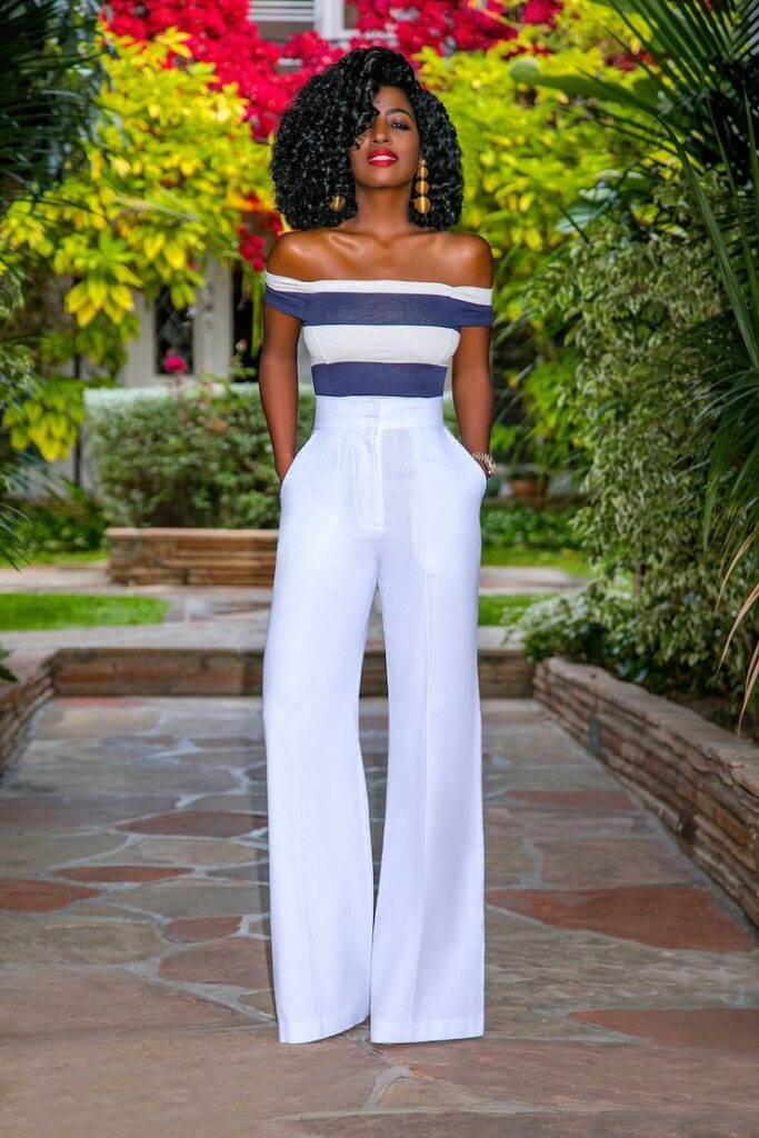 Flirty off-shoulder top, wide-leg pants.