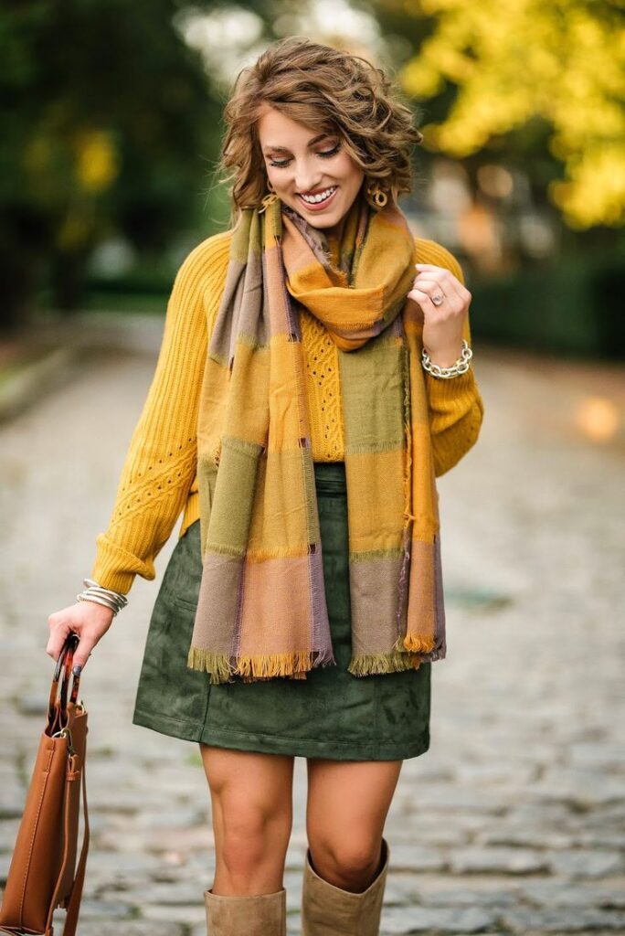 Layered olive green and mustard tones.