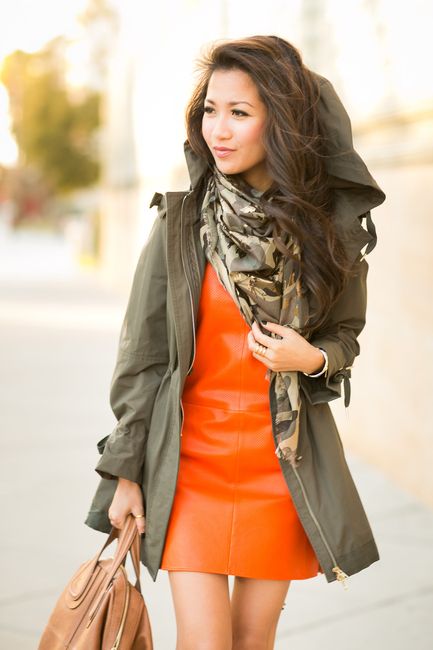 Olive and burnt orange layered outfits.