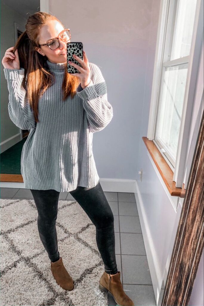 "Cozy oversized knit sweaters paired with leggings for ultimate comfort."