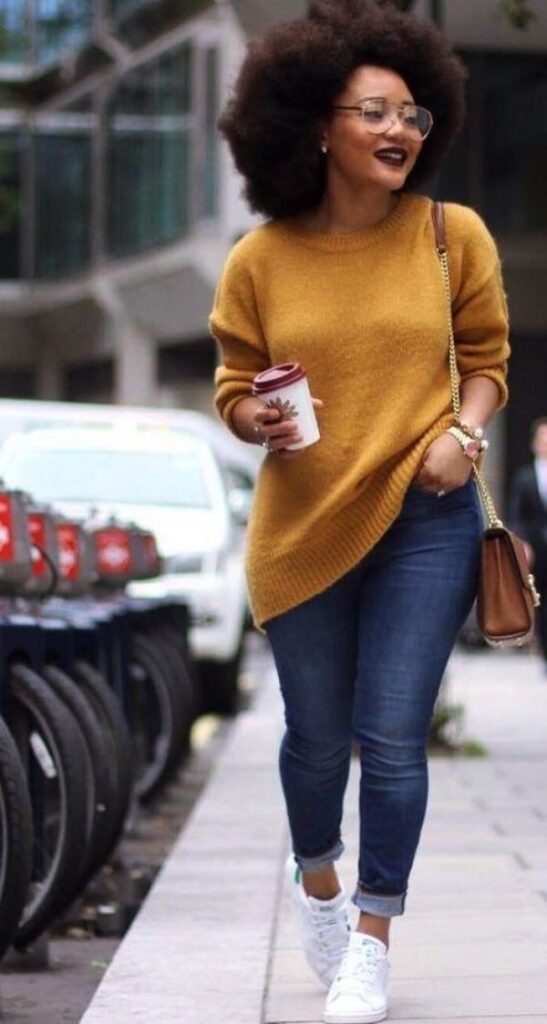 "Cozy oversized sweater paired with sleek skinny jeans for a chic look."