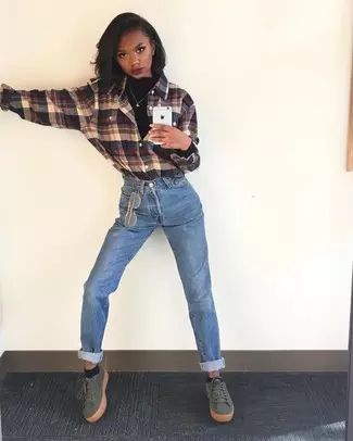 Classic plaid and denim combination style.