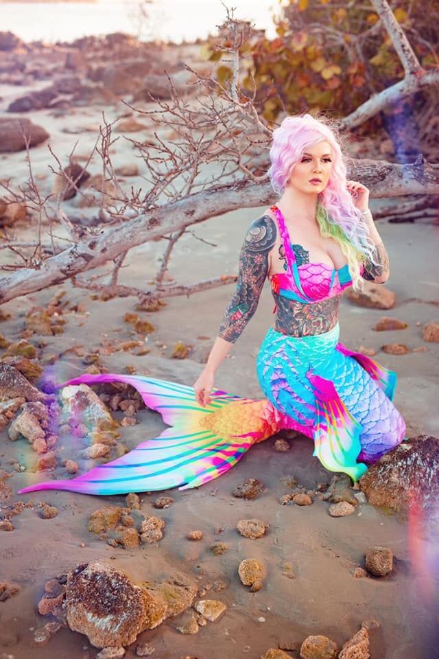 "Vibrant rainbow mermaid costume to brighten any party."
