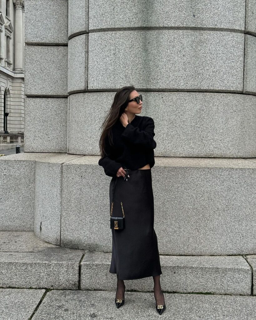 Silk skirt meets cozy knit sweater.
