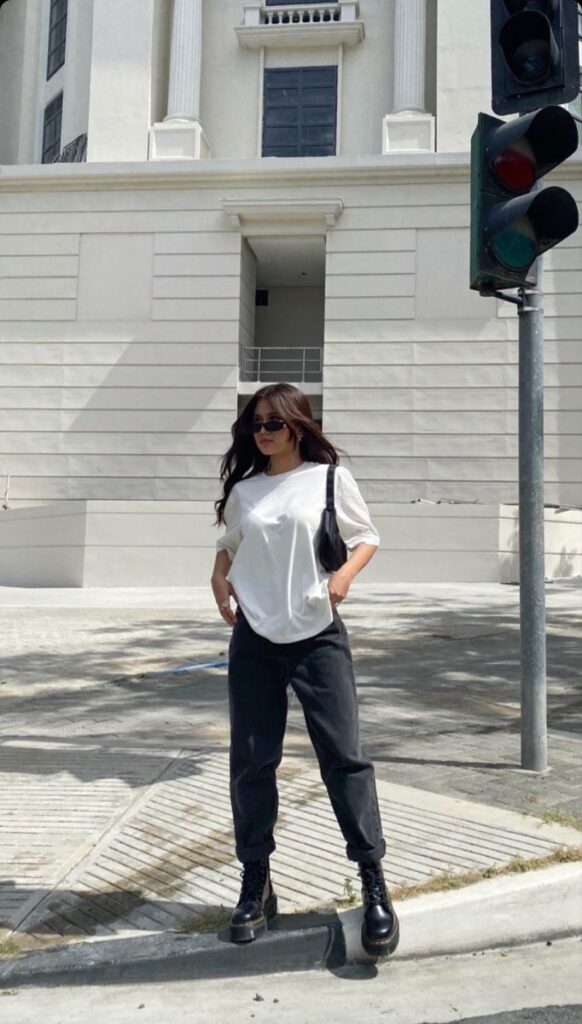 "Casual t-shirt dresses styled with combat boots for a cool edge."