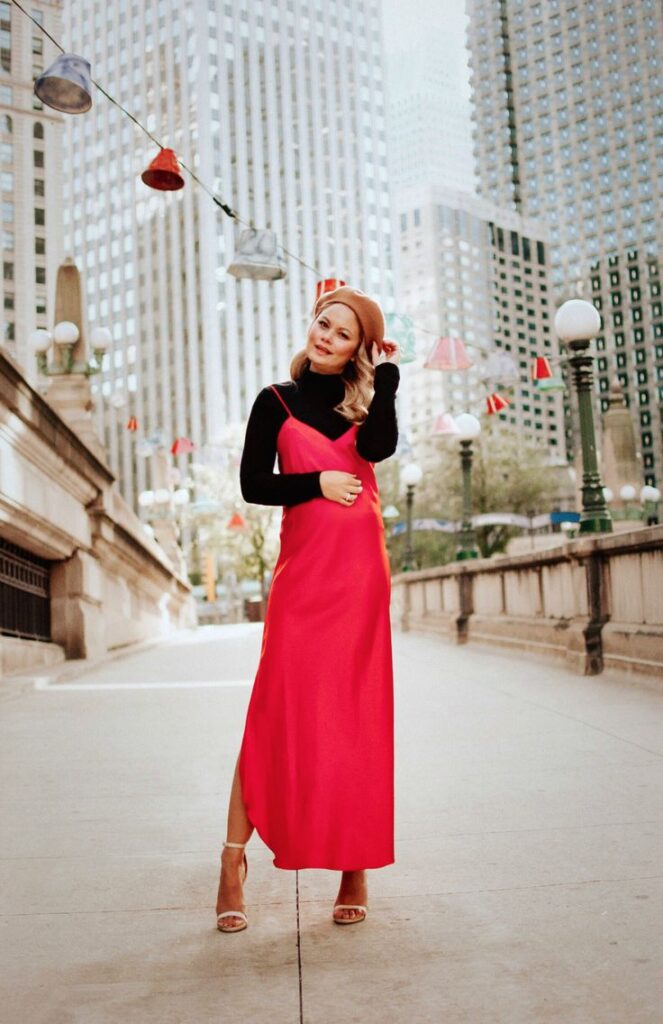 Layered turtleneck and slip dress combo.