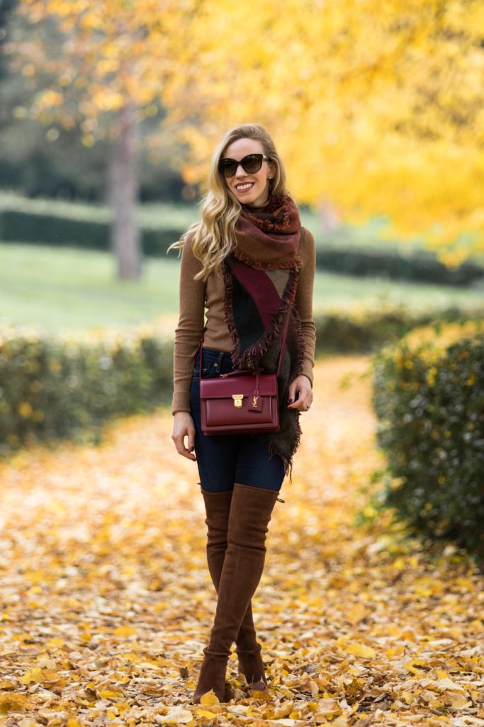 Layered burgundy and brown for fall warmth.