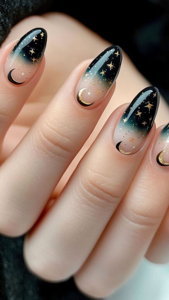 Almond nails with celestial designs
