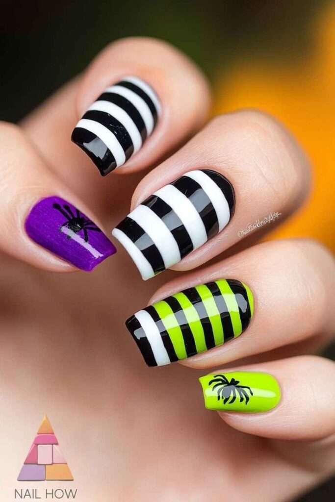 Beetlejuice stripes for Halloween nails