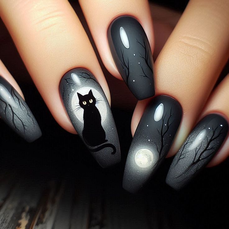 Black cat-themed Halloween nails
