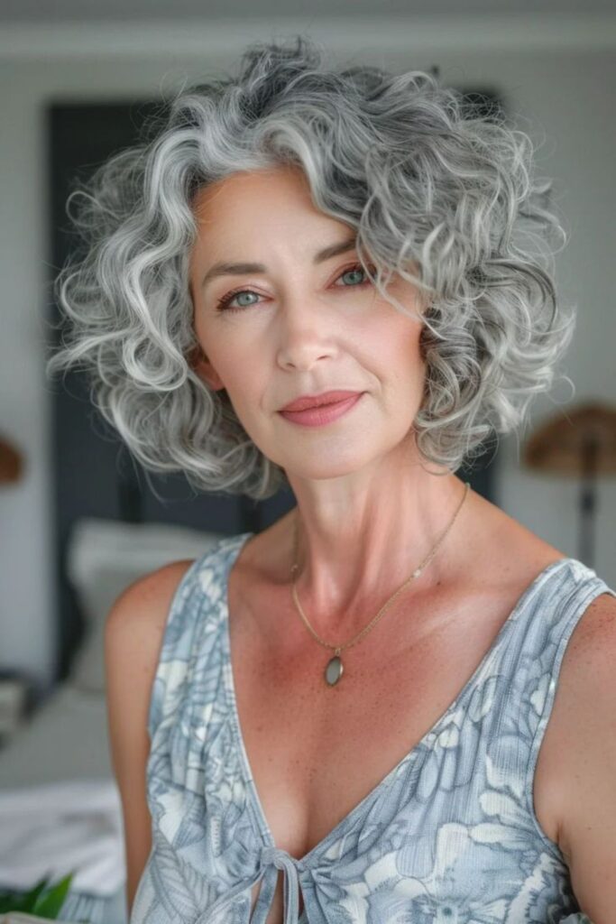 Natural Curls in Grey Bob