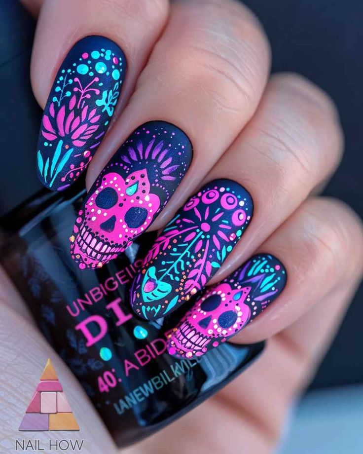 Sugar skulls for Day of the Dead nails