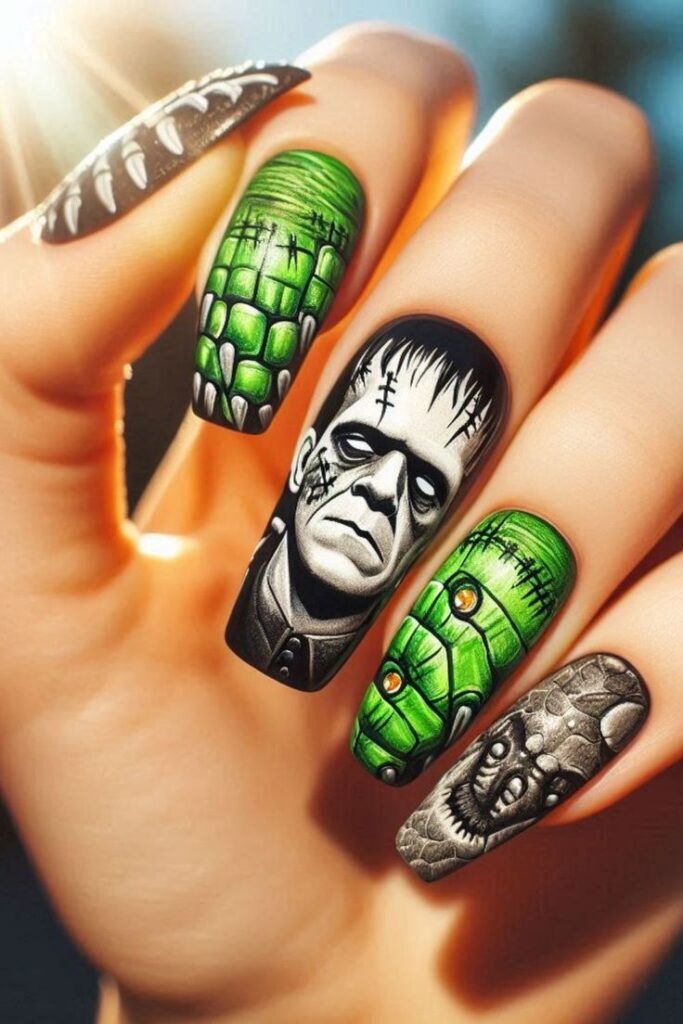 Frankenstein-inspired Halloween nails