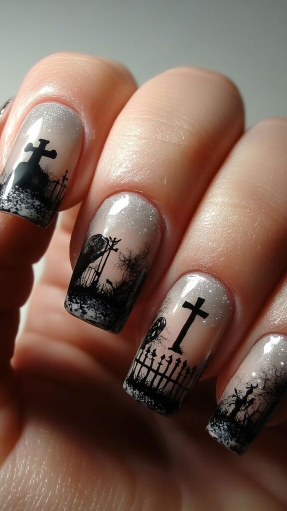 Graveyard-themed Halloween nail art