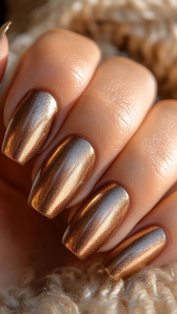 Metallic bronze nails, rich fall look
