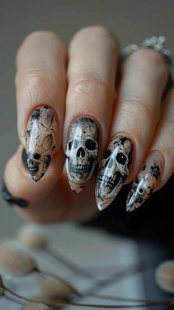 Scary skeleton nail art details