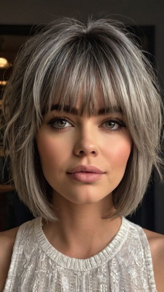 Tousled Grey Bob with Bright Highlights
