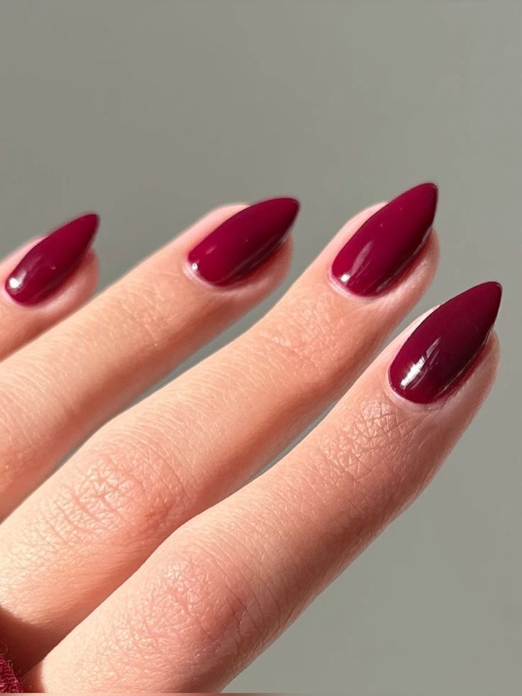 Wine red French tips on almond nails
