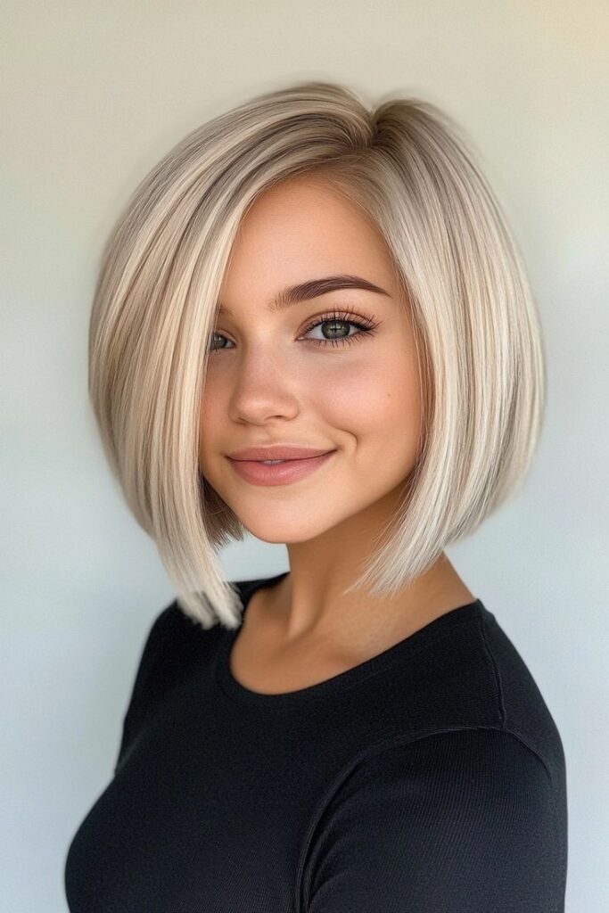 Asymmetrical bob with smooth silk press