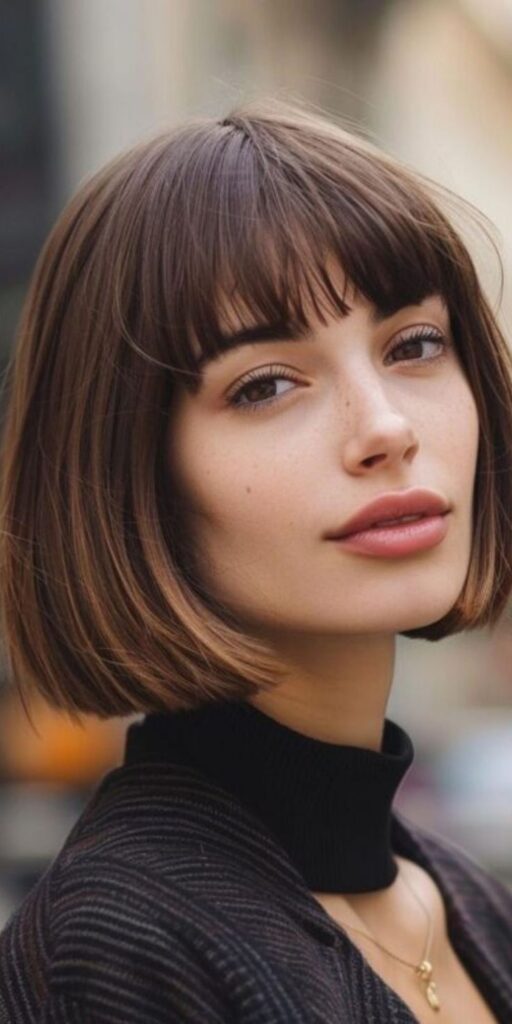 Bold, baby bangs with gloss