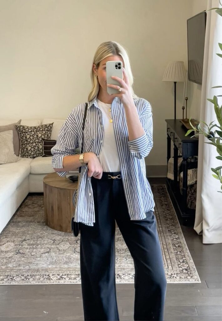 Button-down shirt and wide-leg pants
