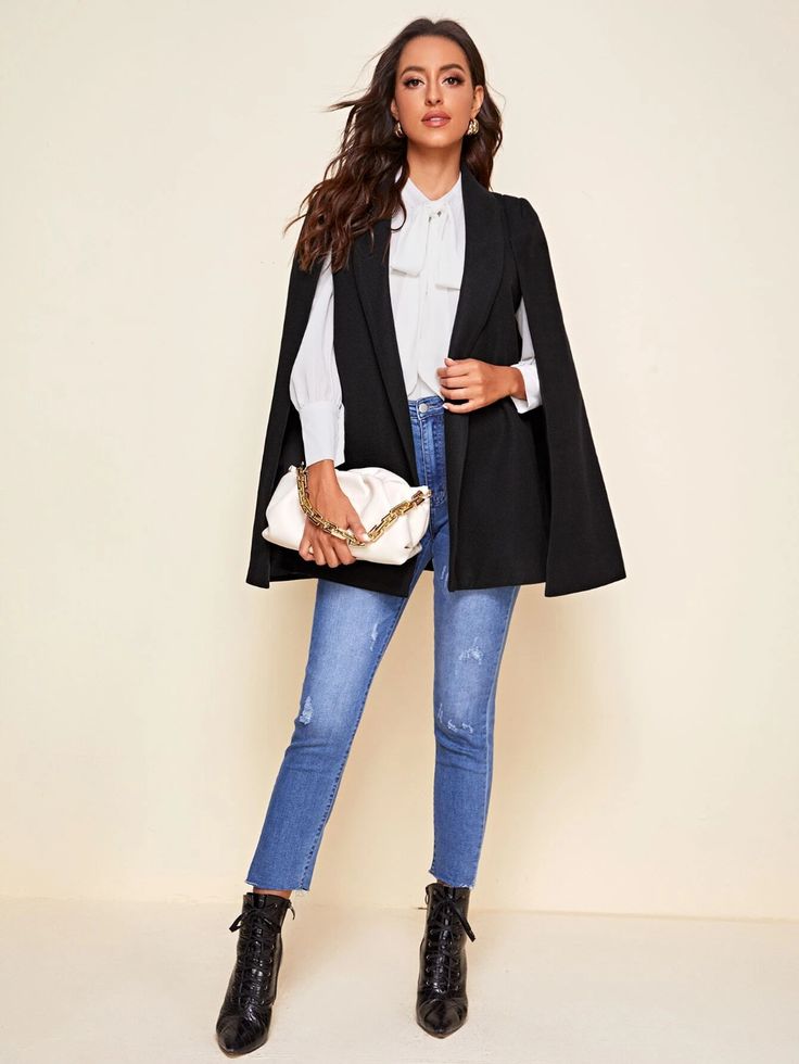 Cape blazer over fitted top and pants
