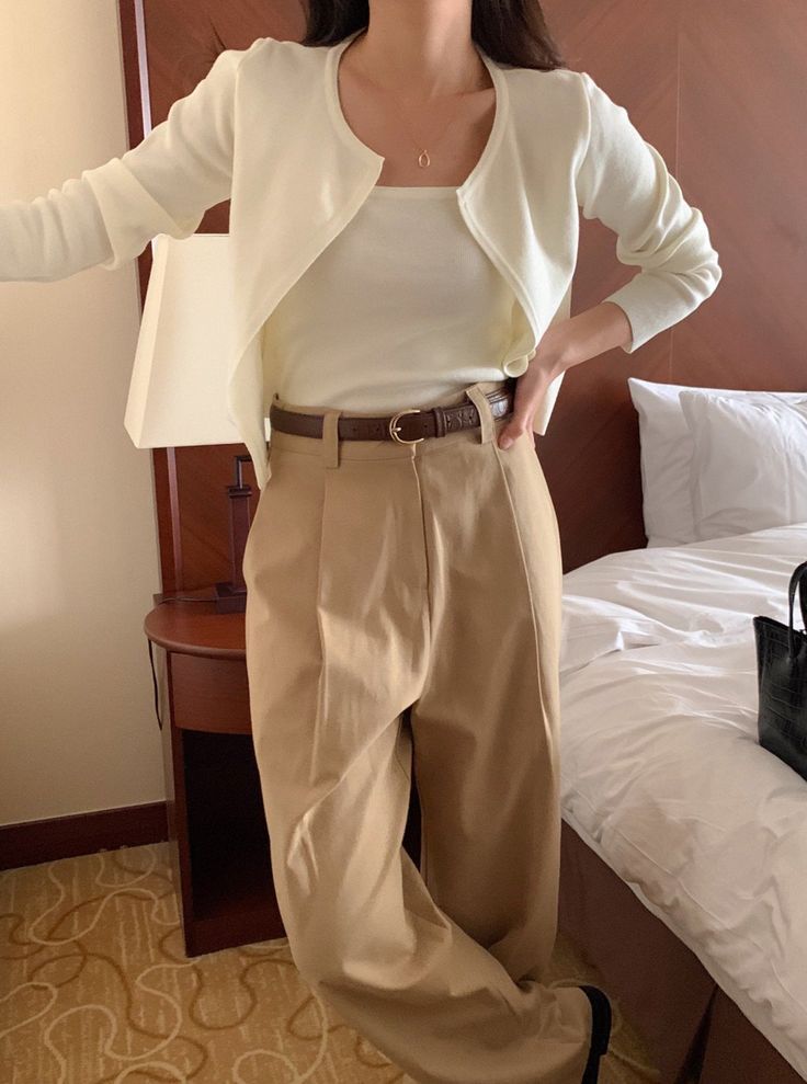 Cardigan over camisole and trousers