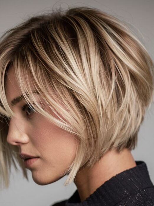 Edgy choppy bob with dark roots
