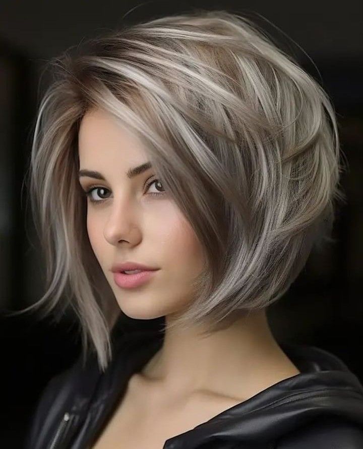 Classic angled bob with sharp layers
