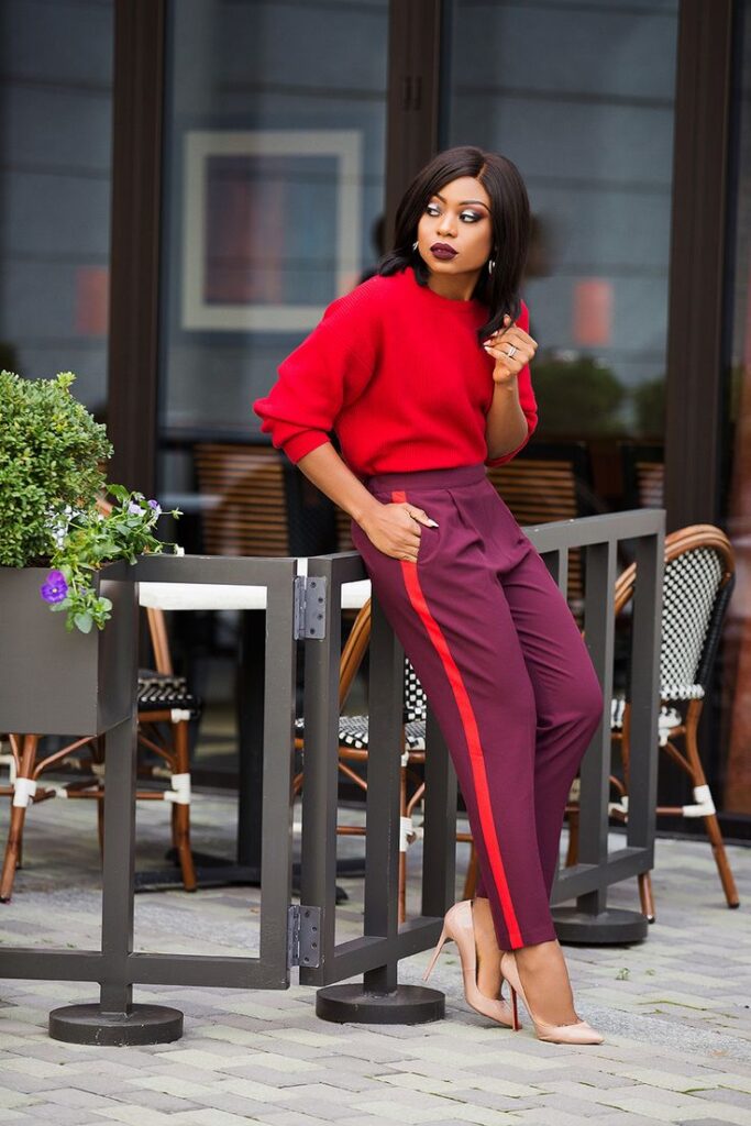 Color-blocked sweater and trousers