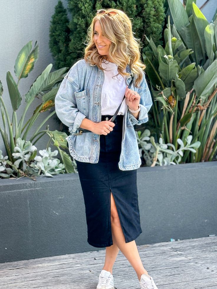 Denim jacket and structured skirt