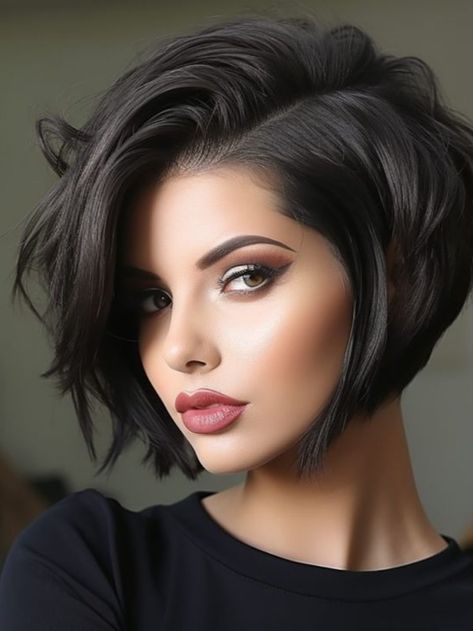 Glossy black stacked bob style
