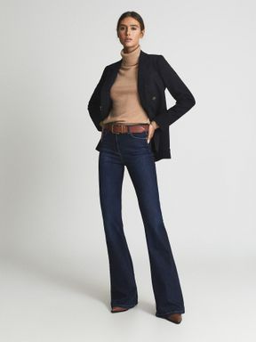 High-neck blouse with flared jeans