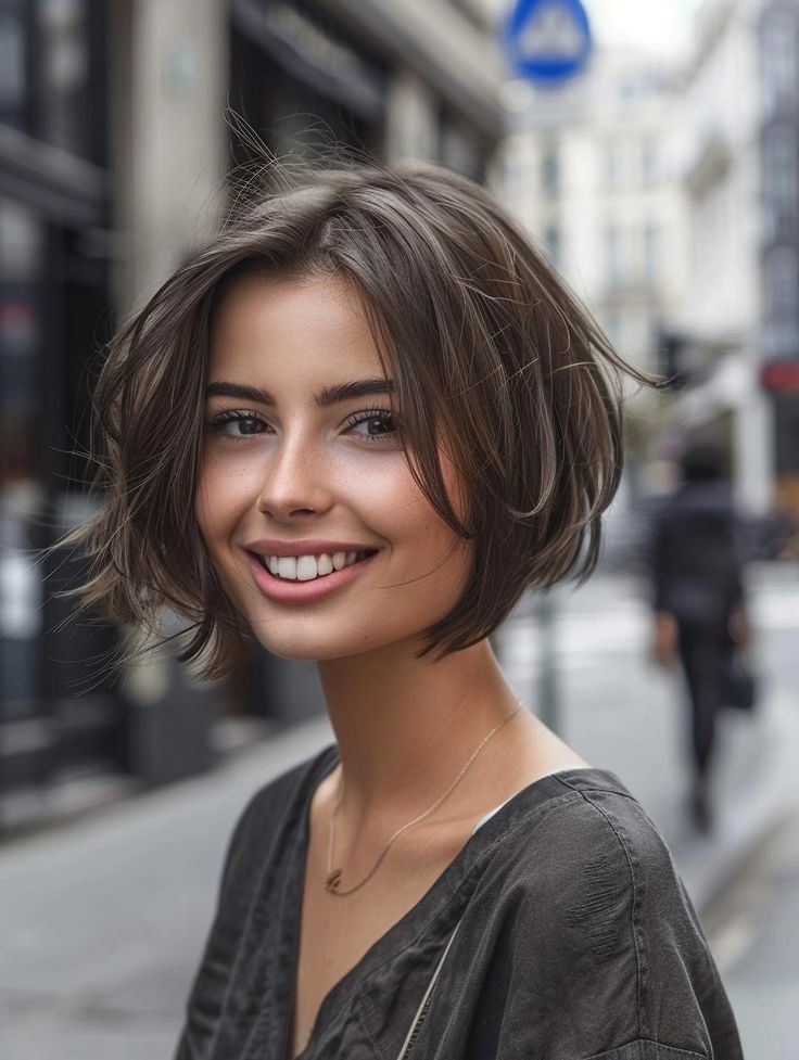 Bold jaw-length stacked bob style
