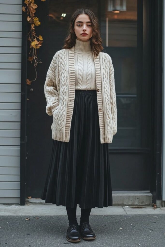 Knit sweater and pleated skirt