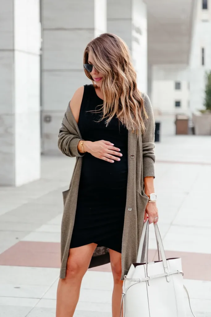 Colorful cardigan adds playful touch.