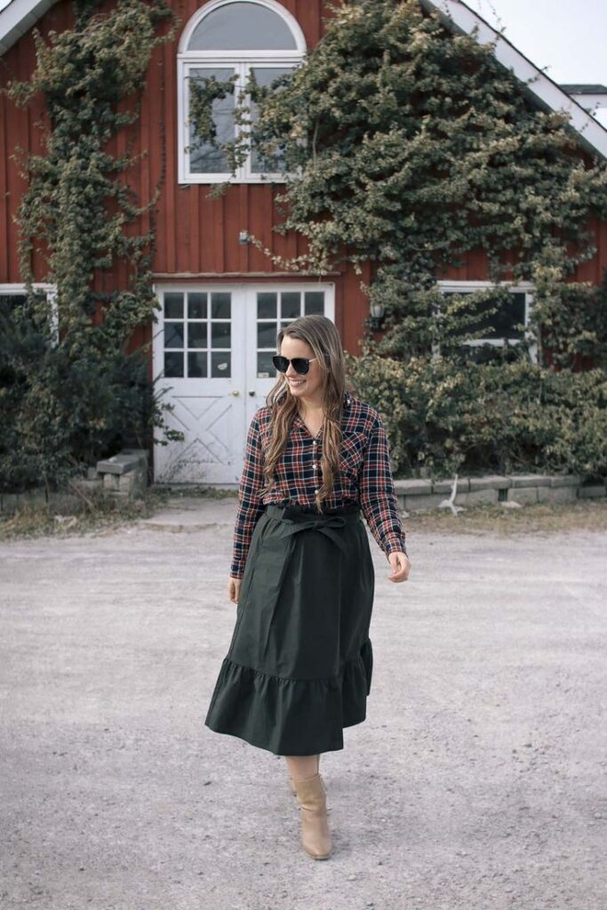 Plaid shirt and midi skirt