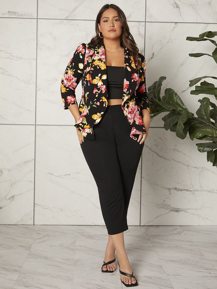 Printed blazer with neutral pants