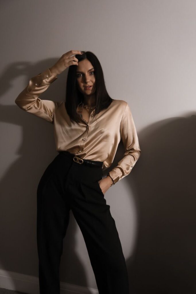 Silk blouse and paperbag pants