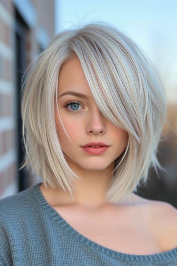 Silver bob with side-swept bangs
