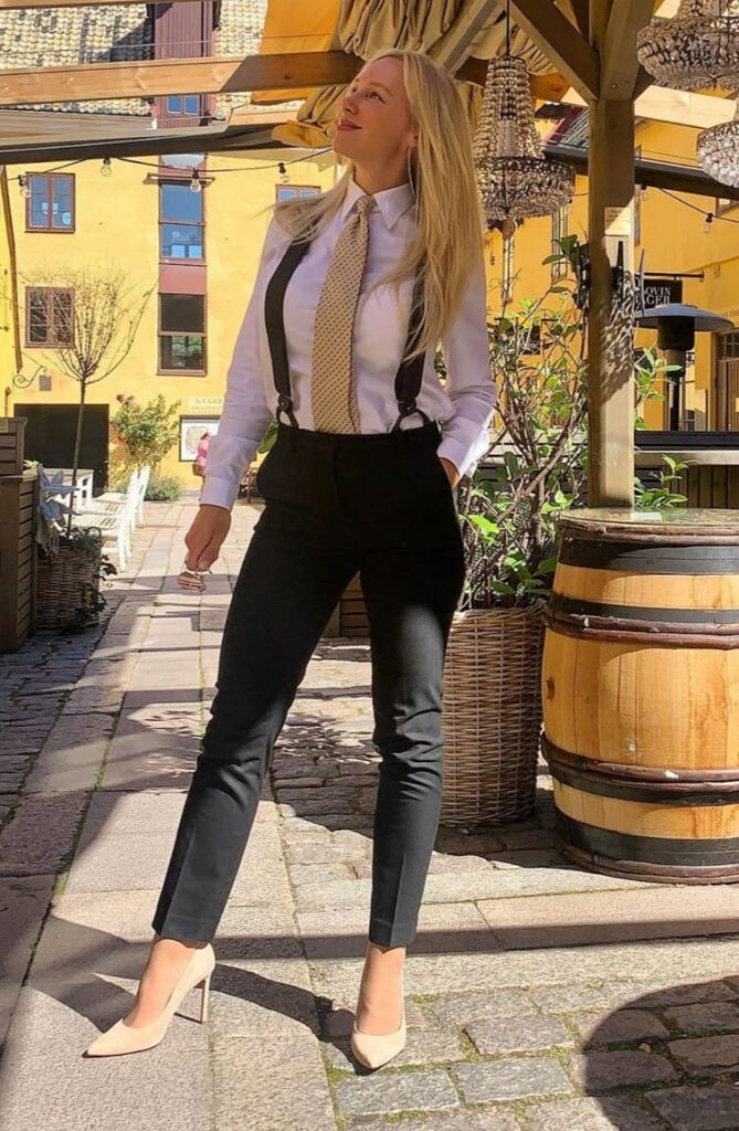 Tie-neck blouse with cigarette trousers