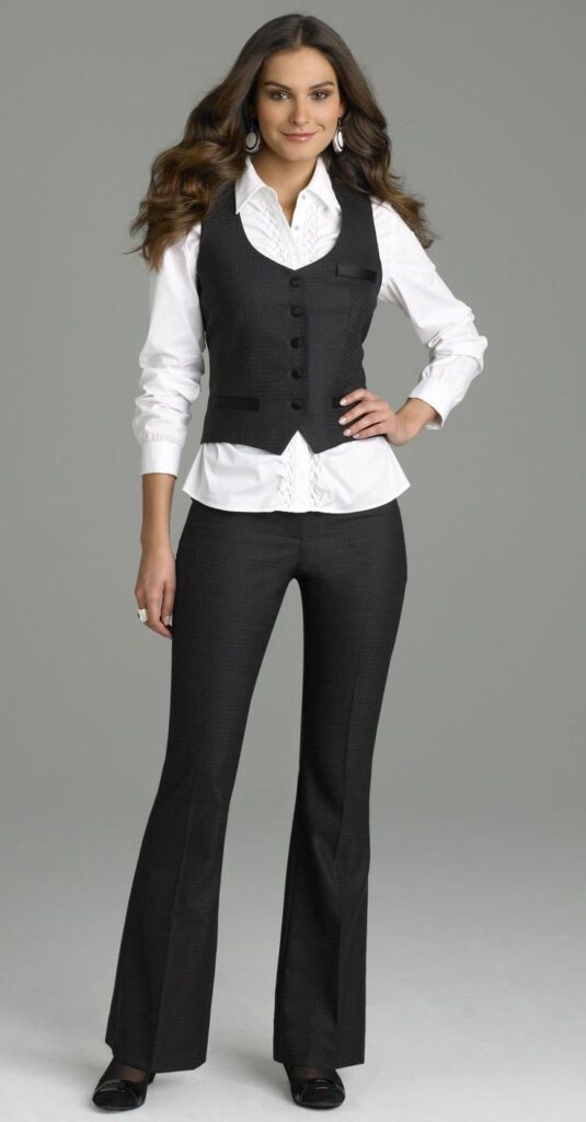 Vest over blouse with slacks