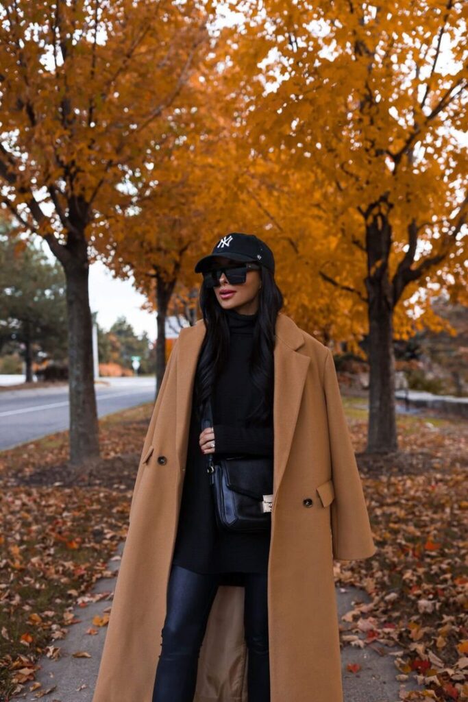 Camel coat brings timeless sophistication.